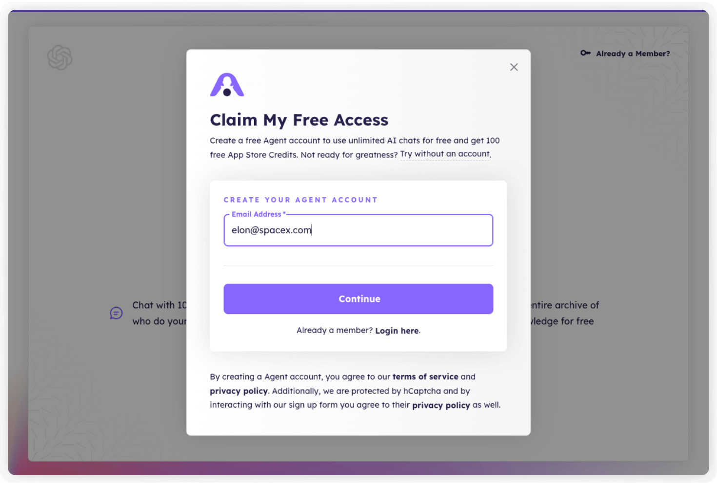 A screenshot of the Agent.so "Signup to Chat With Caitlyn" Page