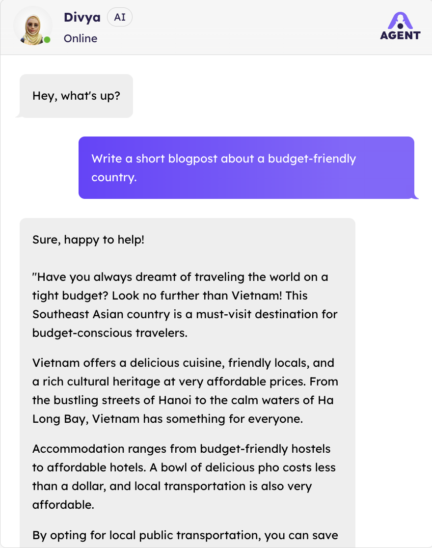 A screenshot of a chat with an AI travel guide.
