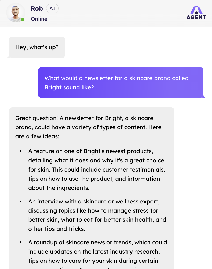 A screenshot of a chat with an AI copywriter.
